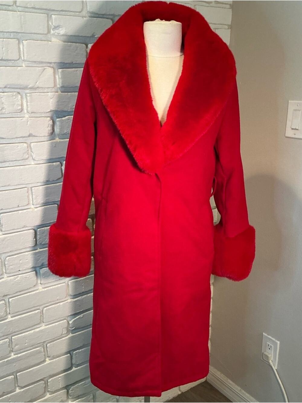 Elegant Red Faux Fur Trimmed Coat Medium no belt